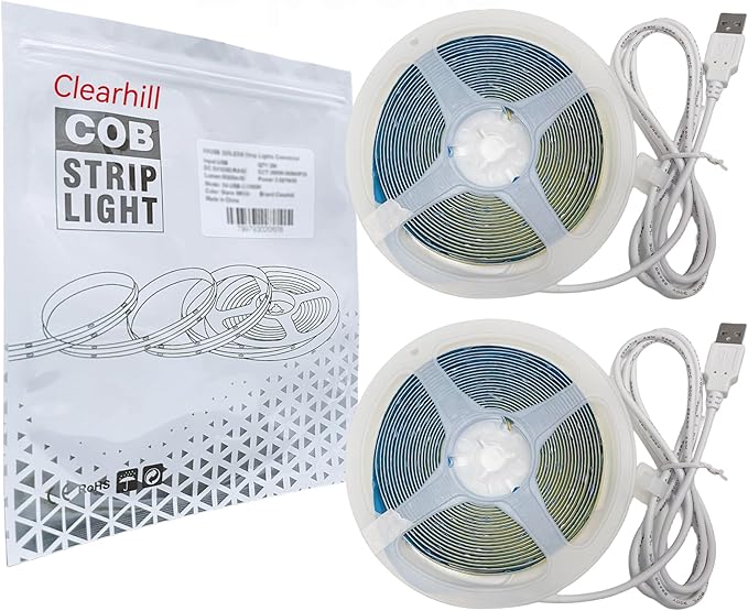 5V USB COB LED Strip Lights 2PCS,3.28FT/1M,Warm White 3000K,320LEDs/M,8mm Width,Not Waterproof IP20,1M USB Cable,Flexible LED Tape Light for DIY Home Indoor Decoration