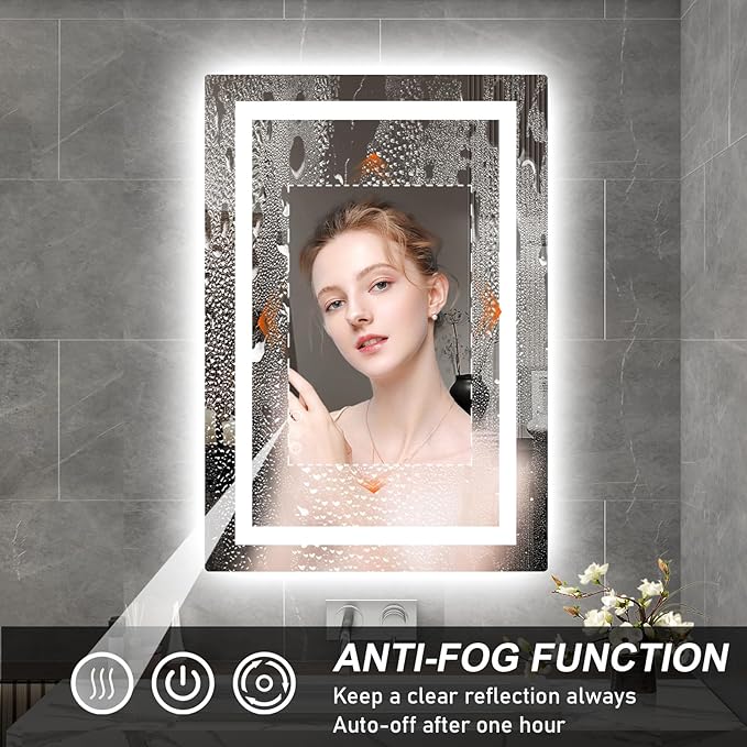 LED Mirror for Bathroom 24x36 Lighted Bathroom Vanity Mirrors with Lights, Brighter Frontlit and Backlit Anti-Fog Mirror, Tempered Glass, Dimmable 3 Colors Light Modes, Memory Function