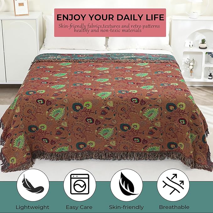 Boho Fall Throw Blanket for Bed,100% Ultra Cotton Soft Breathable Bed Throw Floral Printed Farmhouse Decor Rustic Bed Throws for Couch Sofa Quilt 90" x 98"