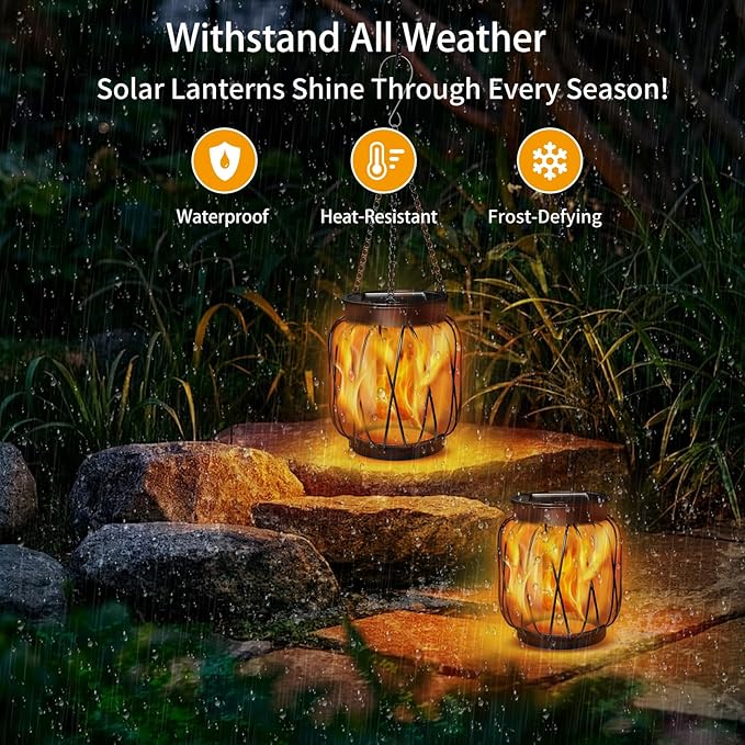 Solar Hanging Lantern Lights Outdoor Waterproof, 2 Pack Solar Flame Lantern with Hook, Metal Hanging Lanterns for Outside, Led Porch Lanterns for Patio Tree Camping Garden Decorative Lights
