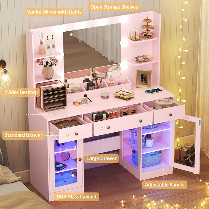 Vanity Desk with Mirror and Lights, Large Makeup Vanity Set with Power Outlet & RGB Glass Cabinet, 3 Drawers, Pink Vanity Mirror with Lights Dressing Table for Girls Women, 3 Color Modes