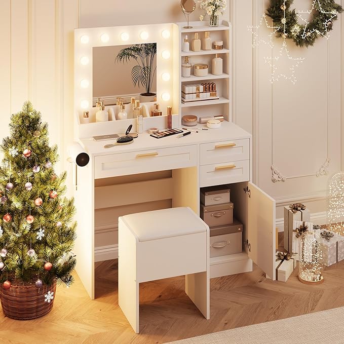 Makeup Vanity with Mirror and Lights, 37" Small Vanity Desk with Power Outlet, 3 Colors & Adjustable Brightness, White Vanity Set with 3 Drawers, Cabinet & Cushioned Chair