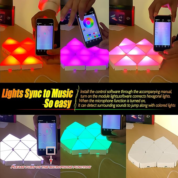 Smart RGB Modular Hex Light Panels LED Splicing Hexagon Bright Mood Wall Lamp Music Sync Creative DIY Geometric Gaming Lights Honeycomb Shape Panel Assembled Nightlight 6.3" Triangle-RGB- 6pcs