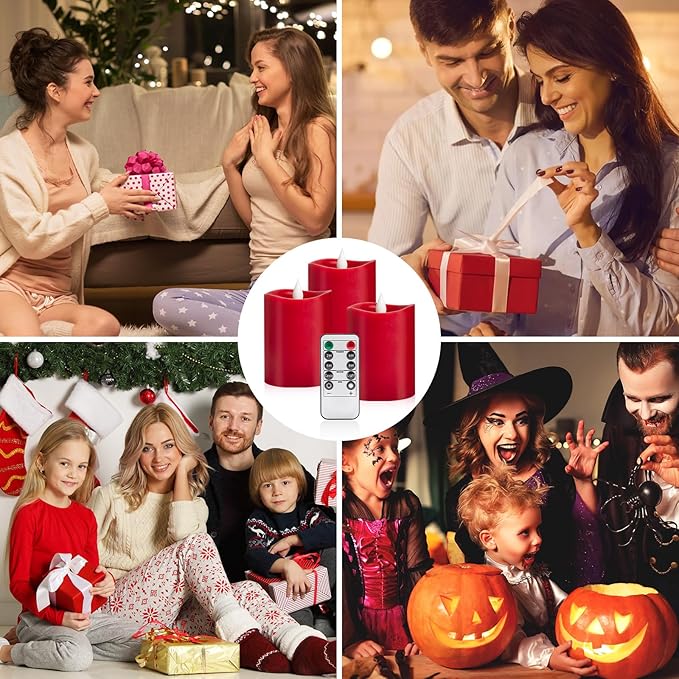 3-Pack 3x4 inch Flameless Candles: Realistic Flameless LED, Battery-Powered Pillar Candles with Remote & Timer, Fake Candles for Fall Decor, (Red, 3"*4"-3pcs)