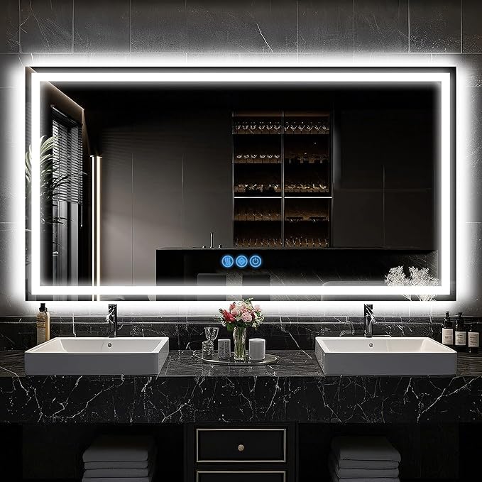 Antok 30"x 55" LED Bathroom Mirror with Lights, Anti-Fog, Dimmable, Lighted Vanity Mirror with Tempered Glass, Memory Function, 3 Light Modes, Safe Use, Horizontal, Vertical, Wall Mount
