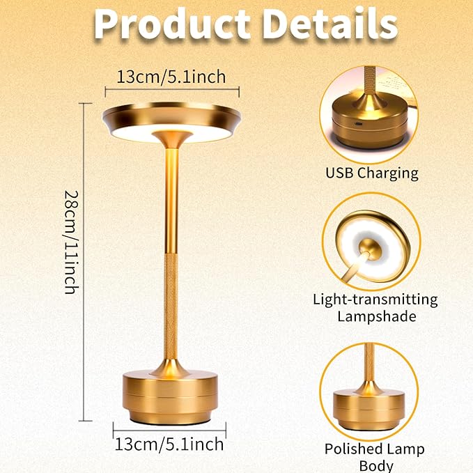 Cordless LED Table Lamp, Rechargeable Touch Control Desk Lamp Battery Operated Nightstand Night Light with Dimmable Brightness for Living Room, Home Office, Restaurant (Gold)