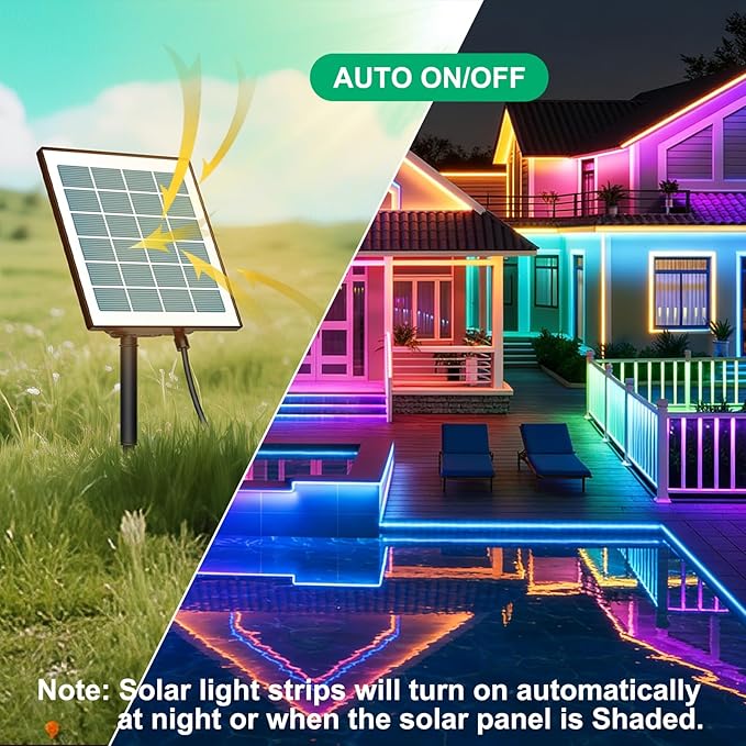 50ft RGB Outdoor Led Strip Lights Waterproof, Solar Led Strip Lights Outdoor with Self-Adhesive, Auto On/Off 16 Colors and 4 Modes with Remote Timer Great for Patio, Pathway Decor