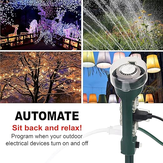 Clear Power Outdoor Power Strip Yard Stake Programmable Mechanical Timer, 6 Grounded Outlets - 6 ft Cord, Weatherproof for Outdoor Lamps Lights Ponds Christmas Lights DCOT-0007-DC