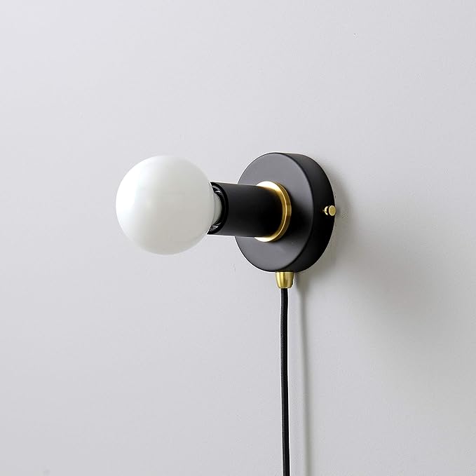 BRIGHTTIA Matte Black Plug-in Simple Ring Wall Sconce Light - Brushed Brass Color Accents - Modern Minimalist Lighting - Mid Century Industrial Exposed Bulb Wall Lamp - 16Ft Fabric Cord (BW0005-1BP)