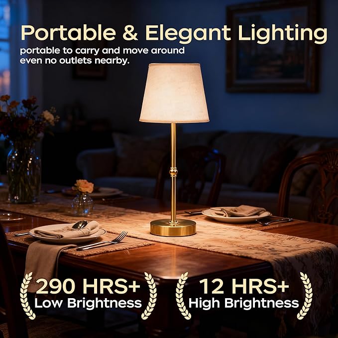 Cordless Table Lamp Rechargeable, LED Table Lamps with Touch Control, Stepless Dimmable Bedside Lamp, 6000mAh Battery Operated USB-C Lamp for Bedroom, Dining, Patio, Small Fabric Lamp Gold