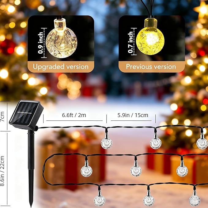 Solar String Lights Outdoor Waterproof IP65 9.3 Feet Patio Lights with 20 LED Crystal Globe Hanging Light for Backyard Porch Balcony Party Decor, Wedding,Party,Camping (Warm White)