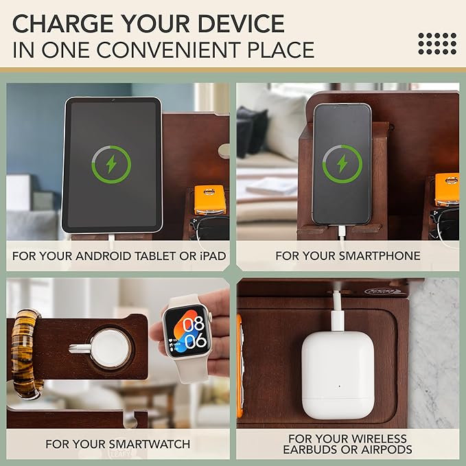 Nightstand Organizer- Bedside Docking Station for Men- Unique Gifts for Husband, Father or Dad from Wife, Son or Daughter- Desk Organizer for Phone, Watches, Wallet & Accessories (Brown)