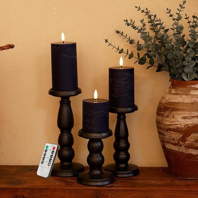 Navy Blue Flameless Candles, Real Wax Battery Operated Candles with Remote, Flat Top Flickering LED Pillar Candles for Home Party Wedding Holiday Decor, Set of 3 (H 4" 5" 6" x D3)