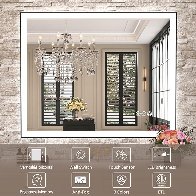 Amorho LED Bathroom Mirror, 24"x 32" with Black Frame, Front Light and Backlit(Controlled Separately), Stepless Dimmable, Anti-Fog, Shatter-Proof, 3 Colors, Memory
