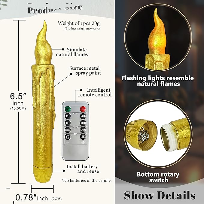 Golden Flameless Short Taper Candles, Drip LED Battery Operated with Remote, Flickering Flame Lights for Festival Party Home Décor, 6.7 Inch Primitive Flameless Candles, 2PCS