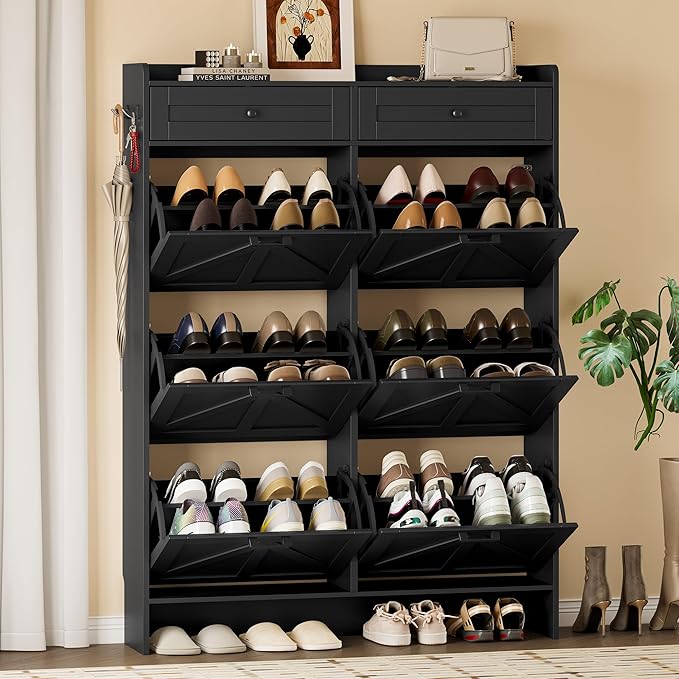 Shoe Cabinet for Entryway, Farmhouse Shoe Storage Cabinet with 6 Flip Drawers and 2 Top Drawers, Tall Narrow Shoe Organizer Cabinet with Adjustable Shelves, Side Hooks and Anti-Tip Kit