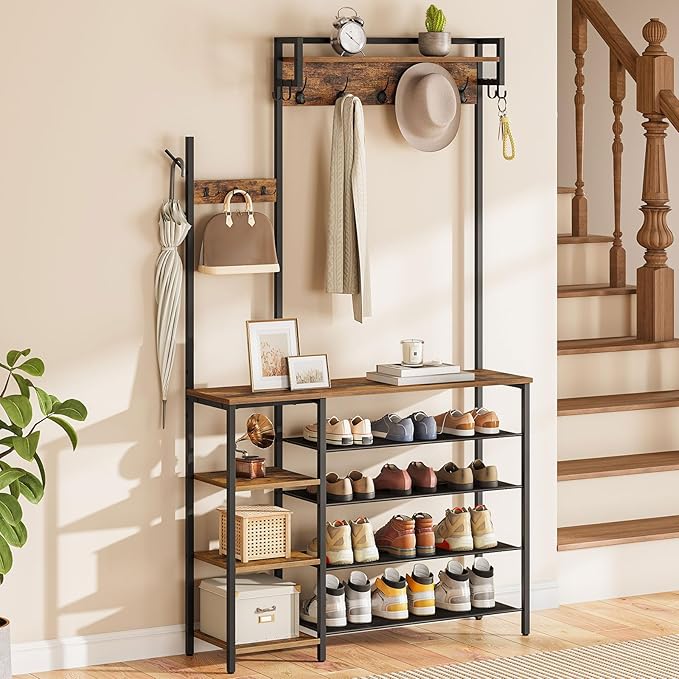 HOOBRO Hall Tree with Bench, Entryway Bench with Coat Rack, Shoe and Coat Rack for Entryway, Coat Rack with Shoe Storage and Reversible Storage Shelves, Rustic Brown BF105MT01