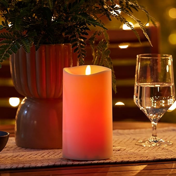 Luminara Outdoor Flameless LED Coloring Changing Candle Melted Edge 3.75" x 7" Real Moving Flame Battery Operated Timer Plastic Weather-Resistant