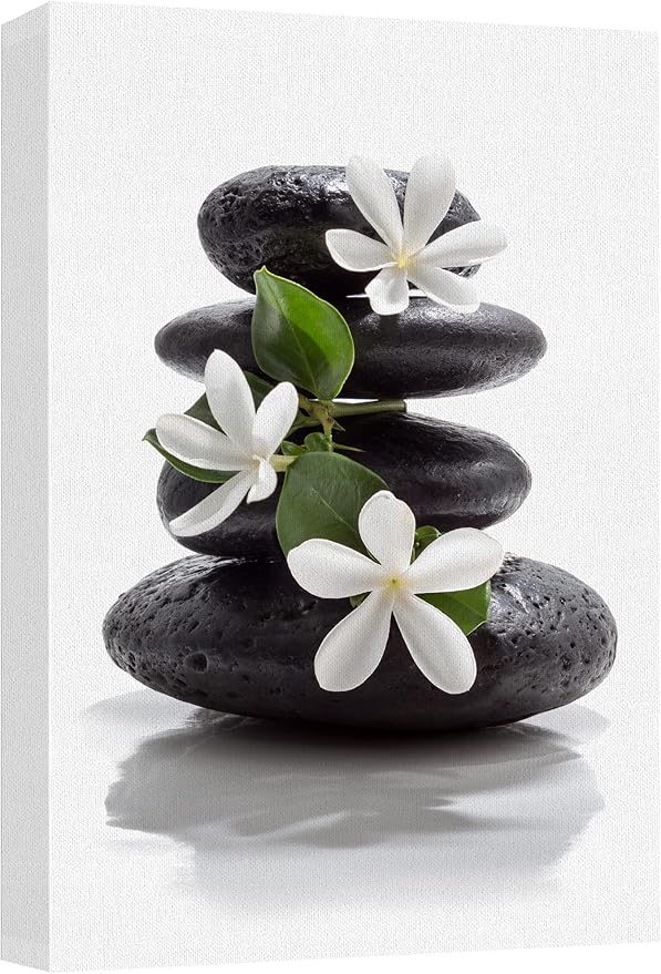 wall26 Canvas Print Wall Art Zen Dark Basalt Stones with Magnolia Blossoms Nature Floral Photography Realism Rustic Colorful Multicolor Ultra for Living Room, Bedroom, Office - 24"x36"