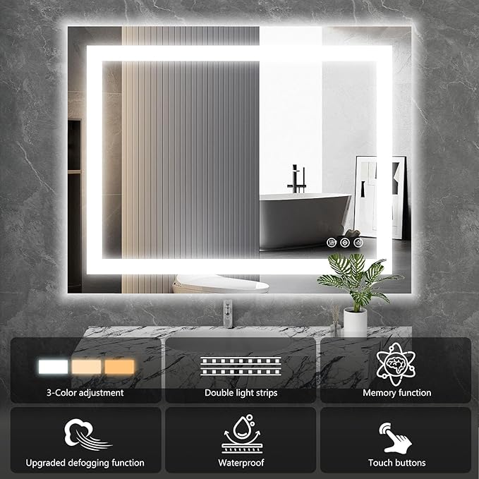 Sweetcrispy 32"x40" Smart Anti-Fog LED Bathroom Mirror with Lights and 3 Color Temperatures, Dimmable, Memory Function, Rectangle Modern Vanity Mirror