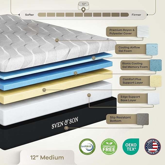 Sven & Son Harmony Adjustable Bed Base, Head and Foot Lift, Massage, Under-Bed Lights, USB, Gel Memory, Zero Gravity Smart Frame - Twin XL + 12 inch Memory Foam Matt (Medium)