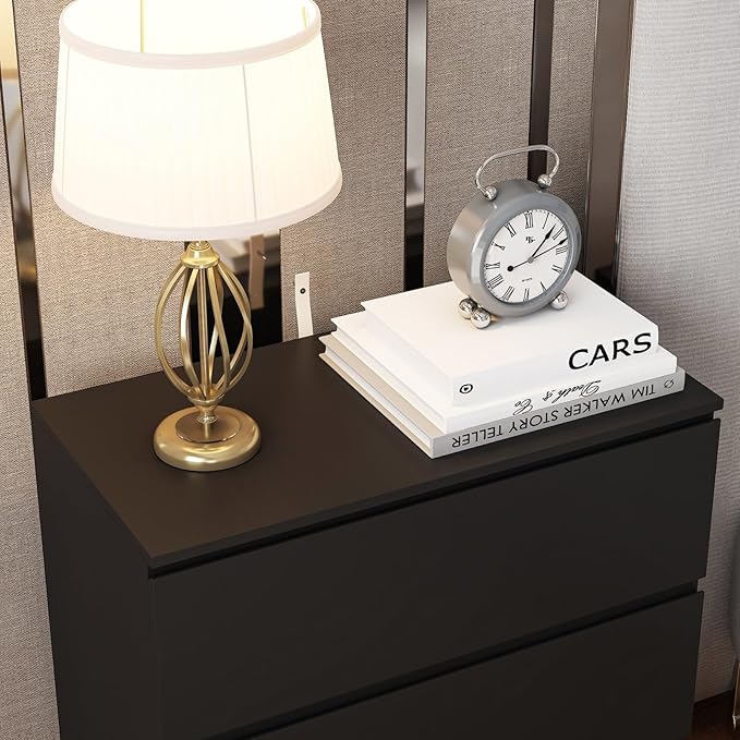FAMAPY Modern Nightstand with 3 Drawers, Bedroom Storage Cabinet, Modern End Side Table, No Handle Design, for Living Room Black 30.3”W x 15.7”D x 32.3”H