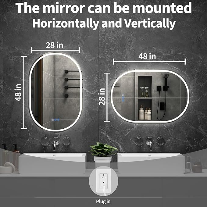 Oval LED Bathroom Mirror, 28"x 48" Frameless LED Mirror with Front Light and Backlit, Anti-Fog, Dimmable Modern Wall Mounted Lighted Mirror，Pill-Shaped Smart Mirror Bathroom