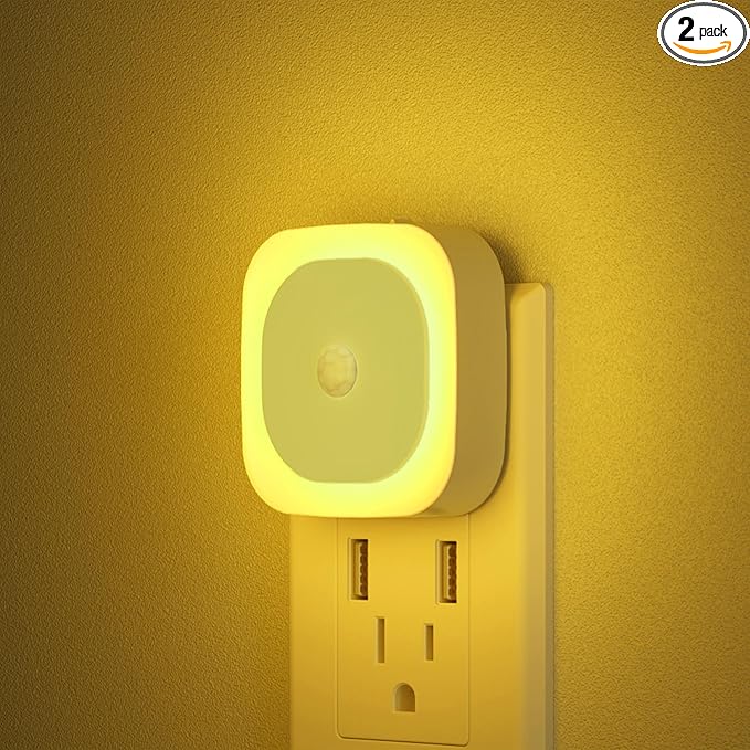 2 Pack Plug in Night Light with Motion Sensor & Dusk to Dawn Sensor, 3 Sensor Modes, Auto ON/Off, Dimmable Nightlight for Living Room, Hallway, Bathroom, Golden Yellow