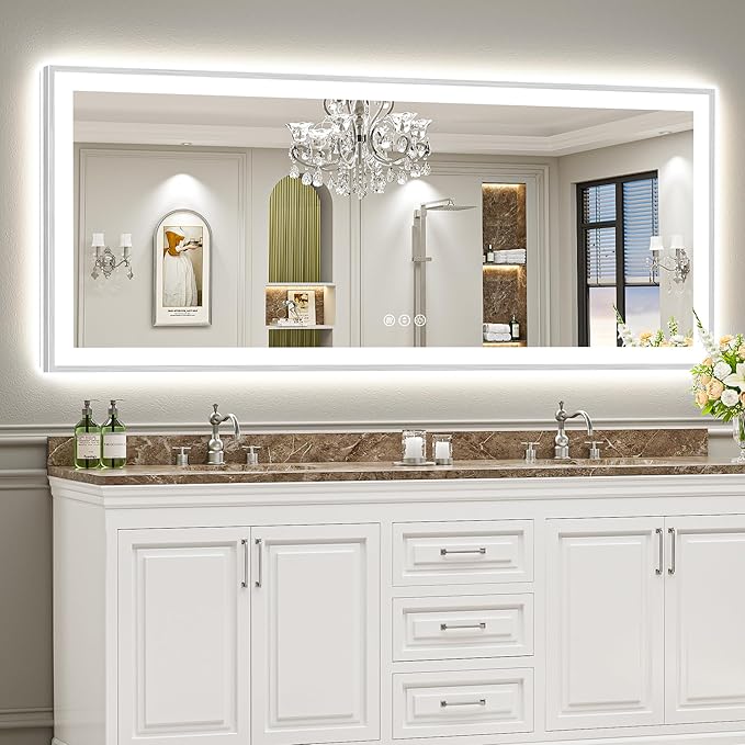 84x32 Brushed Nickel LED Bathroom Mirror with Lights, Sliver Framed Backlit and Front Lit Anti-Fog Lighted Vanity Mirrors for Bathroom Wall, Dimmable, 3 Colors, Memory, Tempered Glass, CRI＞90