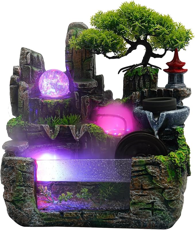 Waterfall Fountain, 11.8in Tabletop Mist Fountain with Atomizer, 110v 4-Color LED Lights, Resin & Glass Hand-Painted Landscape, Mirror Waterfall for Home Office Yoga Room