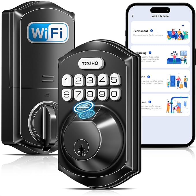 TEEHO TE012W WiFi Smart Lock, Fingerprint Door Lock with Built-in Wi-Fi, Keyless Entry Keypad Smart Deadbolt, App Remote Control, Alexa Compatible, IP55 Waterproof for Front Door – Matte Black