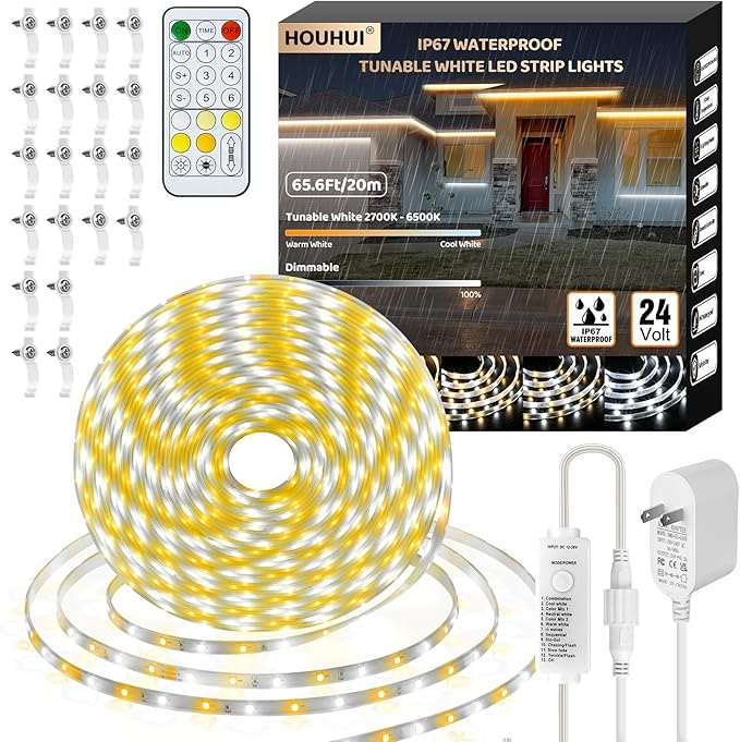HOUHUI Outdoor White LED Strip Lights Waterproof, 65.6Ft 2700K-6500K Warm to Cool White LED Light Strip with Remote, Tunable White LED Tape Lights IP67 Waterproof for Bedroom Kitchen Backyard RV Patio