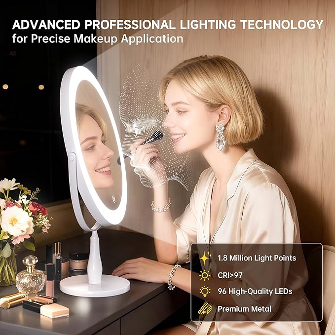 11.8" Extra Large 16.54" Tall Lighted Makeup Mirror, 1X/5X, 2-Sided Magnifying Mirror with 96 LEDs, 3 Color Dimmable Lights, 360° Swivel, LED Vanity Mirror, White - Great Gift