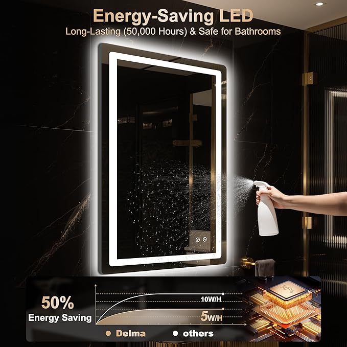 Delma LED Bathroom Mirror with Lights, 36x24 Vanity Mirror for Bathroom Wall, Anti-Fog, Dimmable, Front Lit & Backlit, Memory Function, Shatterproof Tempered Glass, 3 Color Modes(Horizontal/Vertical)