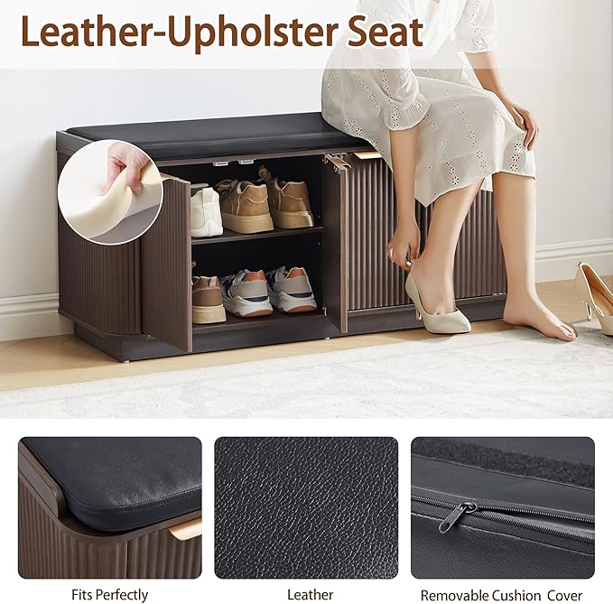 43.3''W Fluted Entryway Shoe Storage Bench with 4 Doors and Adjustable Shelf, 2-Tier Entry Bench Seat with Shoe Storage and Cushion, Shoe Cabinet Bench for End of Bed, Foyer - Espresso