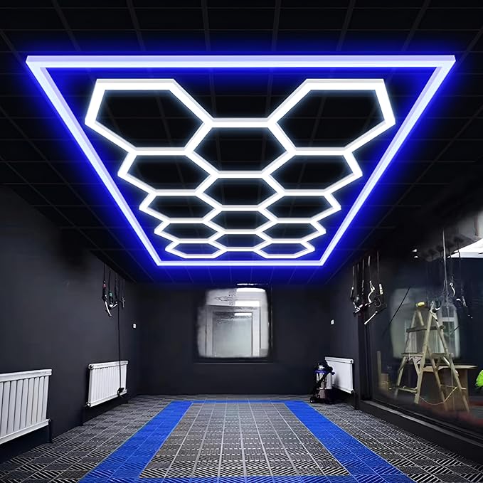 Large Hexagon Garage Lights 14 Hex LED Higher Brightness Lights with Blue Light Rectangle Frame Octagon Honeycomb Lighting for Garage Car Detailing Barber Shop Gym Warehouses.