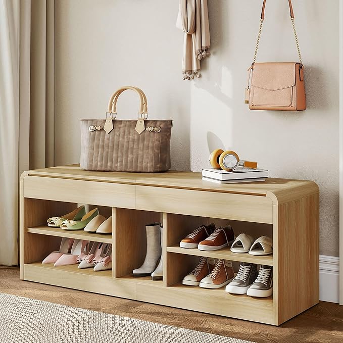 Shoe Storage Bench, 47.2in Entryway Bench with Flip-Open Storage Box, 2 Tier Shoe Rack Organizer with Shelf, Entryway Cabinet for Hallway Living Room Bedroom, Natural