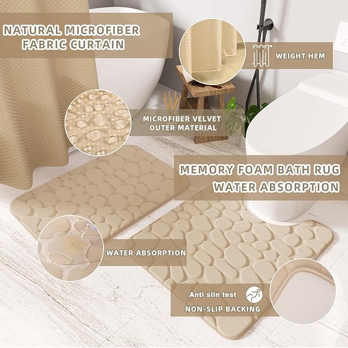 XLHOMO Bathroom Accessories Set - 25PC Bathroom Sets with Shower Curtain and Rugs, Beige Bathroom Set with Trash Can, Soap Dispenser, Soap Dish & Toilet Brush