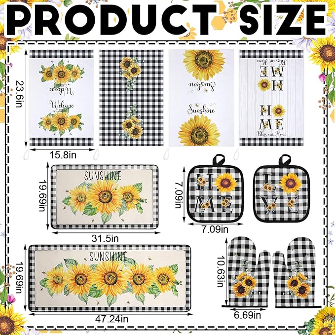10 Pcs Sunflower Kitchen Decor 4 Black and White Buffalo Plaid Dish Towels 2 Buffalo Check Pot Holders 2 Rustic Sunflower Oven Mitts 2 Yellow Rugs for Cooking Baking Mom Housewarming Gift