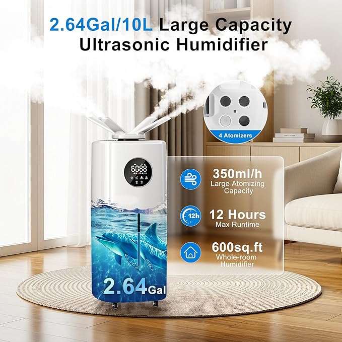 Uthfy 2.64Gal/10L Humidifier for Large Room, Dual 360° Nozzles Ultrasonic Humidifiers for Bedroom, Remote/Touch Control, Top Fill, 12H Timer