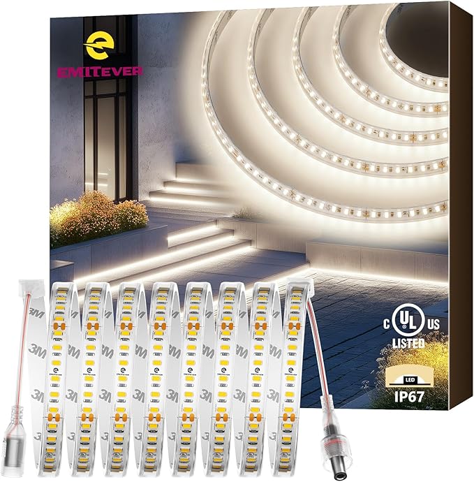 EMITEVER Outdoor LED Strip Lights Waterproof 4000K Netural White, 16.4ft IP67 24V Tape Light UL Listed, 240+LM/ft, High Density 600LEDs, Lighting for Bathroom,Pool,Patio,Garden(Power Not Included)