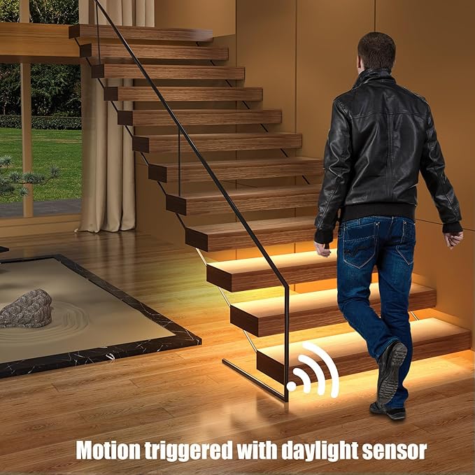 RW-5630 Motion-Activated LED Stair Lighting Kit with Daylight Sensor, 48" Warm White 3000K Cuttable Strip Light for Indoor LED Stair Lights (16 Steps)