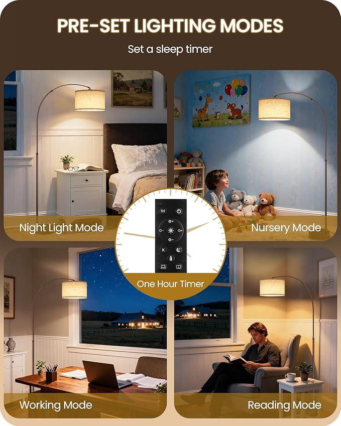 75" Arc Floor Lamp with Marble Base and Adjustable Height, Rotating Hanging Shade, Dimmable Floor Lamp for Living Room with Remote and Foot Switch, 3CCT, Over Couch Arched Light, Beige Brown VE15LD05