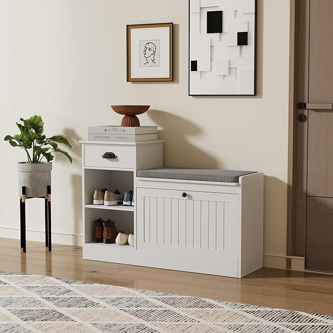 Shoe Storage Bench, Modern Wooden Shoe Cabinet with Flip Drawer and Adjustable Shelf, Entry Way Bench with Padded Seat Cushion for Entryway, Hallway, Living Room,Off-White