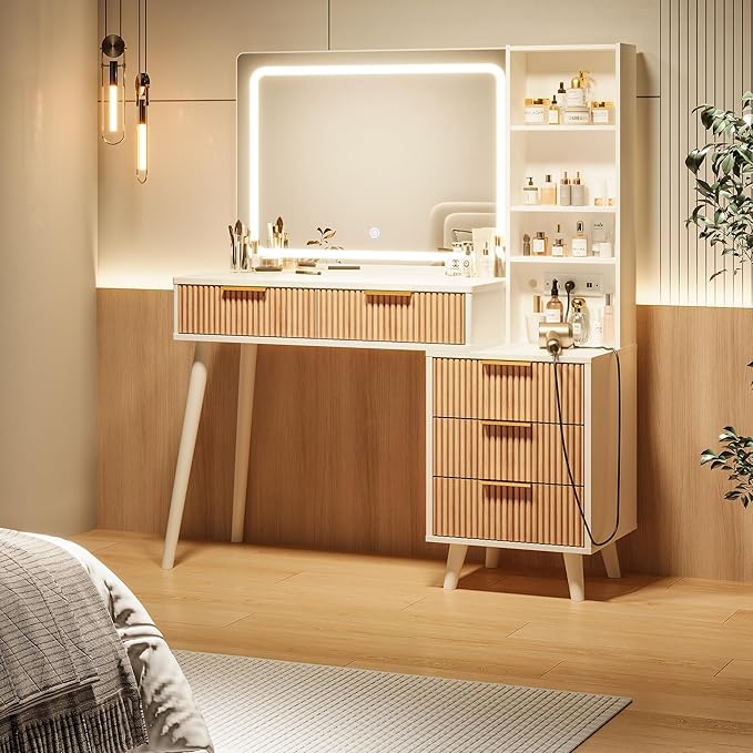 44" Vanity Desk with Mirror and Lights, Makeup Vanity Desk with Power Outlet, Makeup Desk with 5 Drawers&Storage Shelves, Vanity Table 3 Color Adjustable Brightness Dressing Table Set for Bedroom