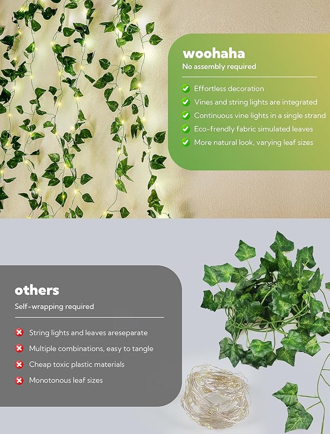 woohaha Solar Vine with Fairy Lights,23ft 73LED Ivy String Light for Christmas Decorations,Leaf Light for Bedroom, Room, Wall, Garden, Party, Wedding Decor (Warm White)