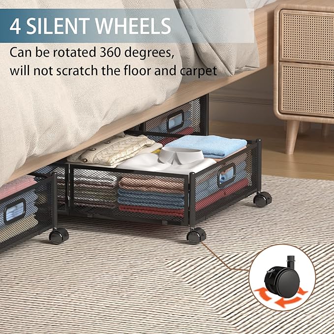Foldable Bedroom Storage Organization with Handles - Under Bed Storage Containers with Wheels - Bins Drawer for Clothes, Blankets and Shoes