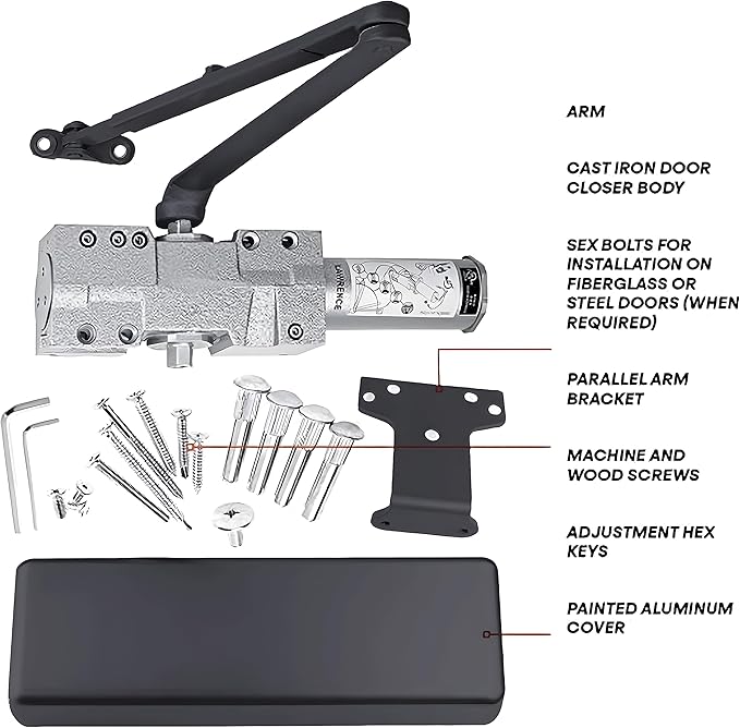 Lawrence Extra Heavy Duty Door Closer Commercial Grade 1 - Adjustable 6-Speed Delayed-Action Door Control with 3 Pistons – Flexible Installation with Included Hardware - Embassy Series LH8016