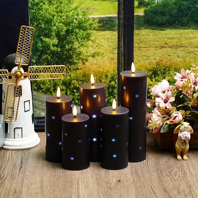 Flickering Flameless Candles with Remote Control and Timer Set of 5 Pc Real Wax LED Pillar Candles, Battery Operated Candles（D2.2×H5/5.5"/6"/7"/8"） Halloween Decorations Home Decor （Black）