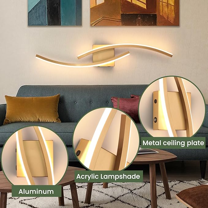 Battery Operated Wall Sconce,Gold Wall Sconces with Remote Control,3000K-6000K Modern LED Wireless Wall Light for Living Room, Hallway, Bedroom, 39.3 Inch